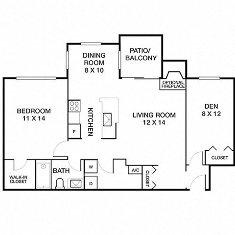 1 Bed 1 Bath Bradford with Den Floorplan